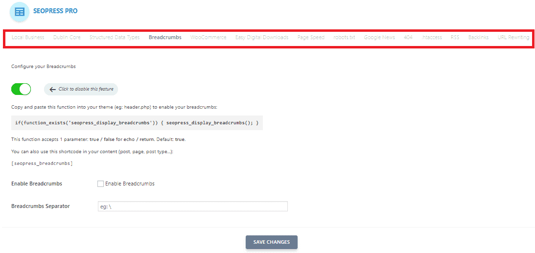 SEOPress BreadCrumbs Settings